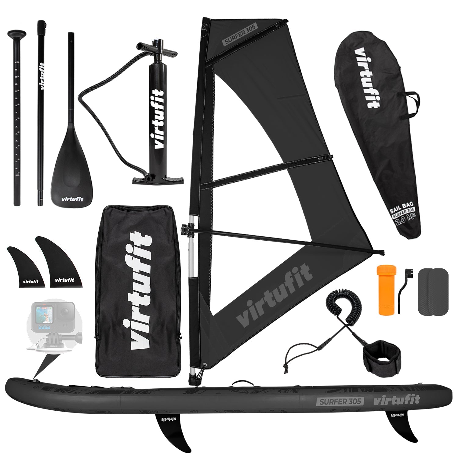 Virtufit Supboard Surfer 305 - Zwart - Inclusief Windzeil en accessoires - Tweedekans