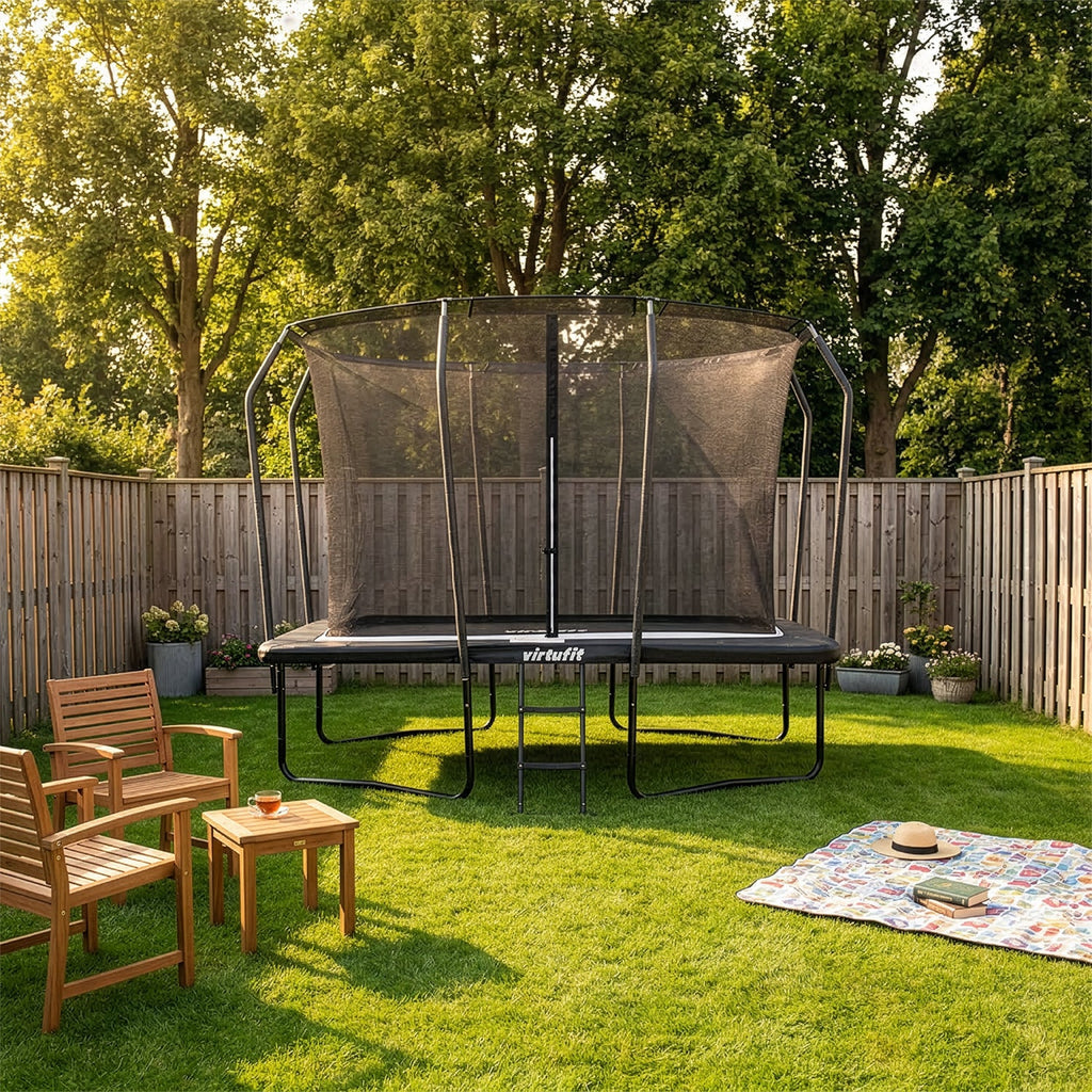 VirtuFit Premium Rechthoekige Trampoline met Veiligheidsnet - Zwart - 213 x 305 cm - Gratis trap - Tweedekans