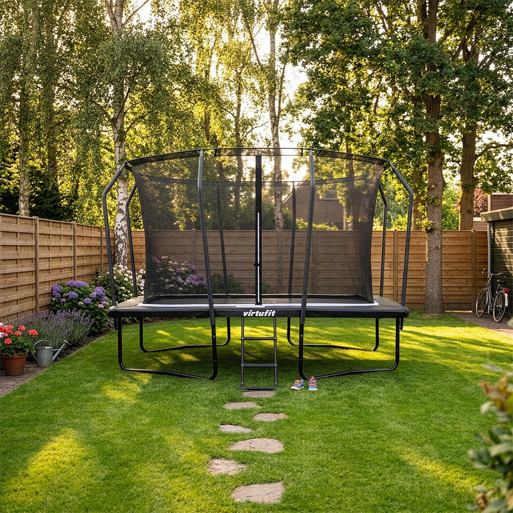 VirtuFit Premium Rechthoekige Trampoline met Veiligheidsnet - Zwart - 244 x 366 cm - Gratis trap - Tweedekans