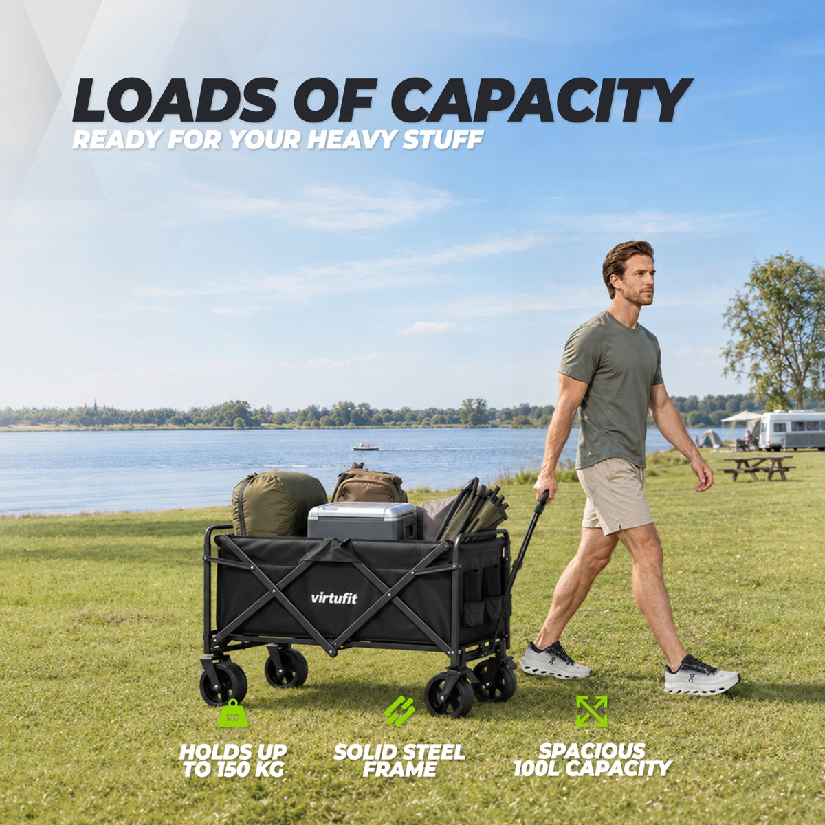 VirtuFit FW100 Opvouwbare Bolderkar - 150 kg Draagvermogen - Incl. Afdekhoes - Zwart