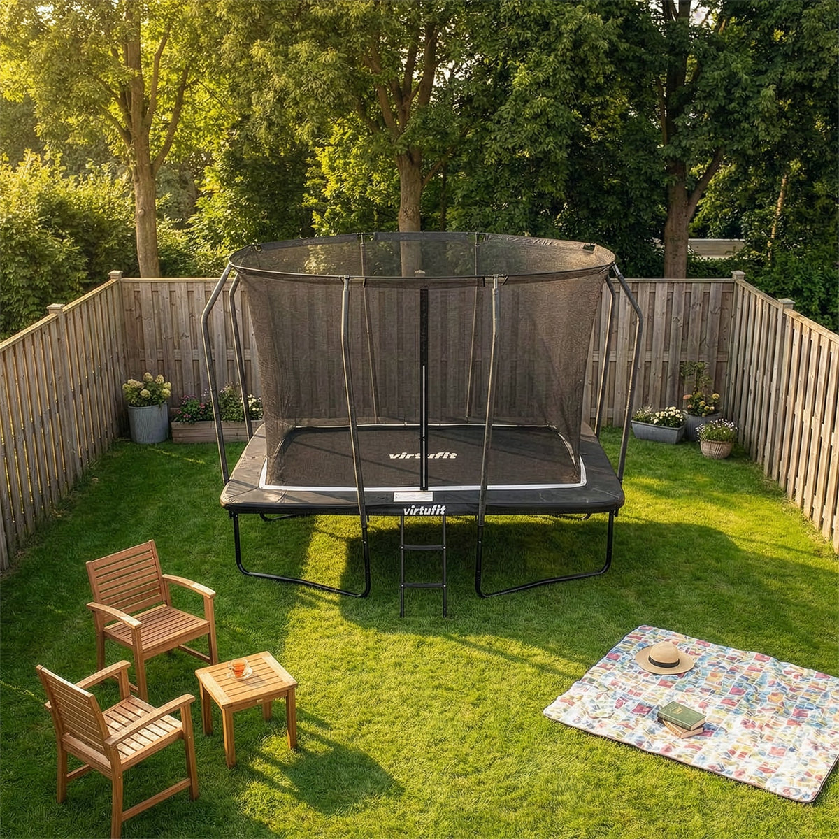 VirtuFit Premium Rechthoekige Trampoline met Veiligheidsnet - Zwart - 213 x 305 cm - Gratis trap - Tweedekans