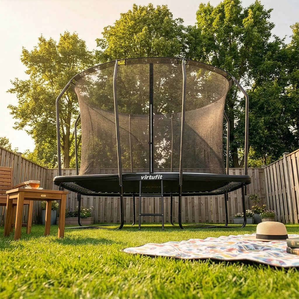 VirtuFit Premium Rechthoekige Trampoline met Veiligheidsnet - Zwart - 213 x 305 cm - Gratis trap - Tweedekans