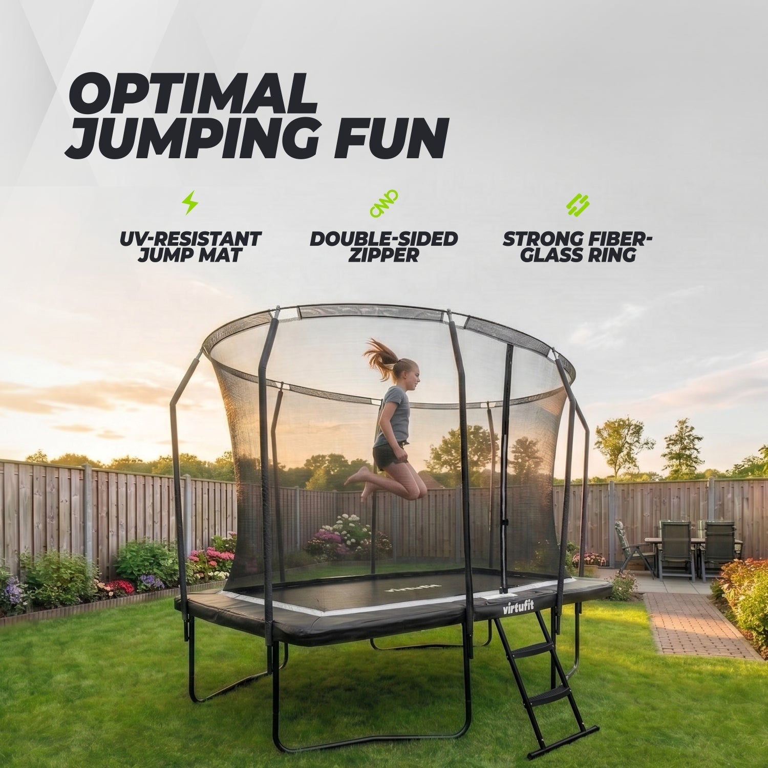 VirtuFit Premium Rechthoekige Trampoline met Veiligheidsnet - Zwart - 183 x 274 cm - Gratis trap - Tweedekans