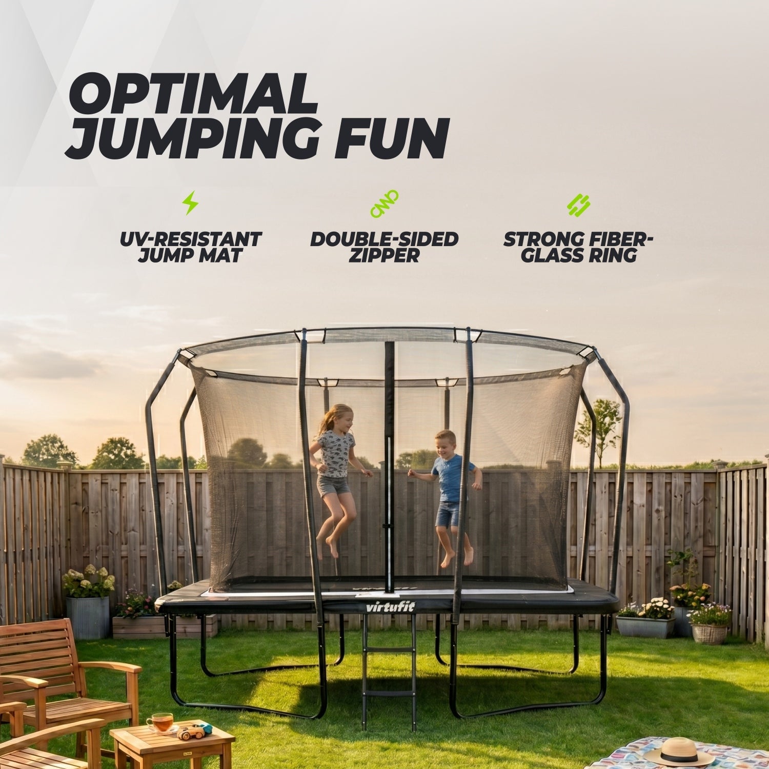 VirtuFit Premium Rechthoekige Trampoline met Veiligheidsnet - Zwart - 213 x 305 cm - Gratis trap - Tweedekans