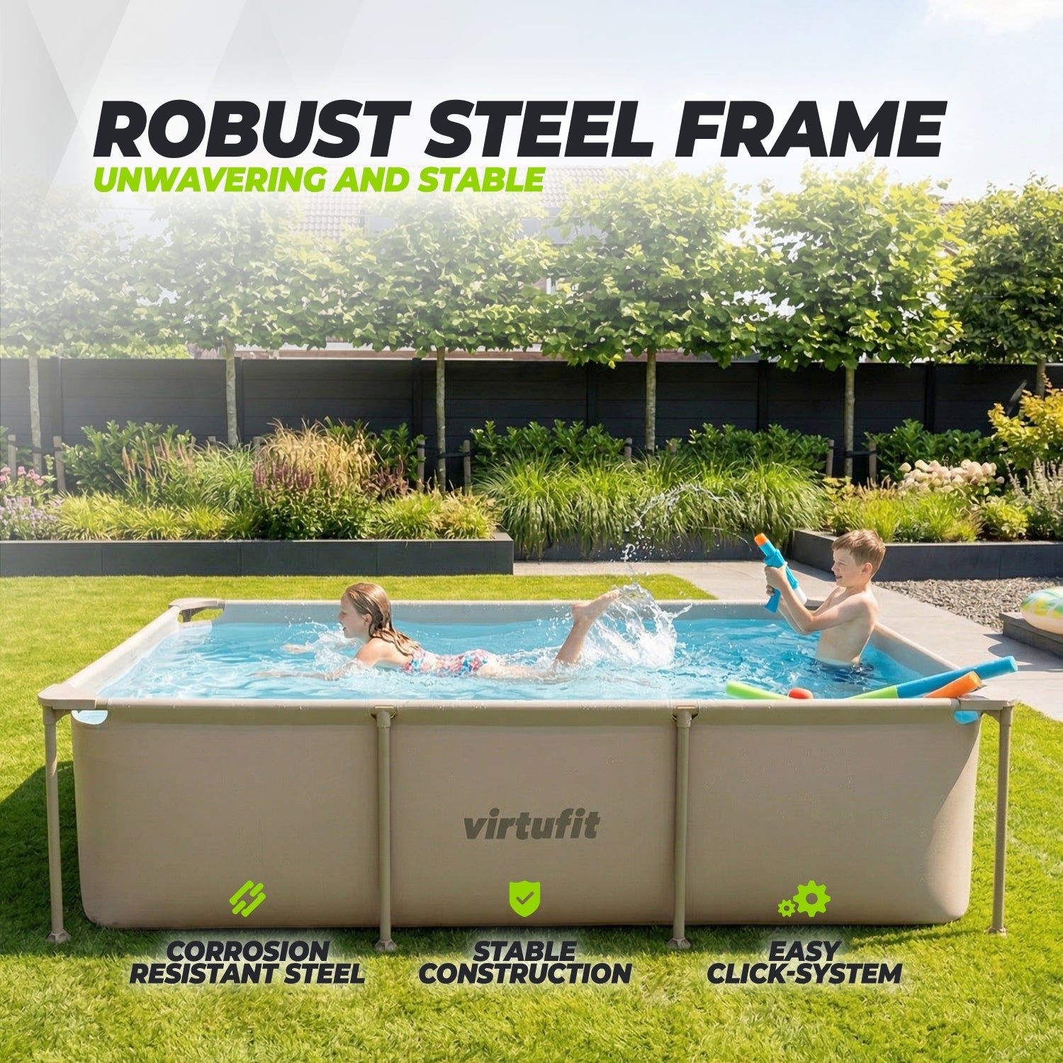 VirtuFit Rechthoekig Zwembad - 260 x 180 x 66 cm - Beige - Inclusief Filterpomp