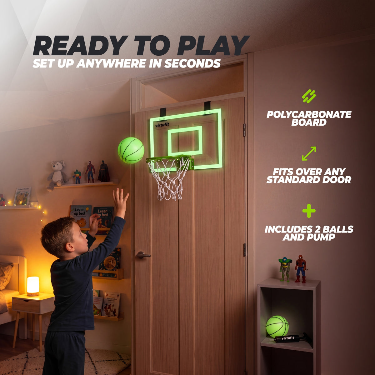 VirtuFit Pro Mini Basketbalbord met 2 Ballen en Pomp - Glow In the Dark