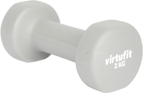 Zijaanzicht van de VirtuFit Vinyl Dumbbell Pro 2 kg halter uitgevoerd in een grijze vinyl coating.