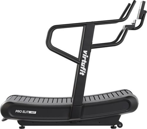 Zijaanzicht van de professionele VirtuFit Pro Elite HiiT Running Loopband met een modern gebogen loopvlak in de kleur zwart voor intensieve cardiotraining.