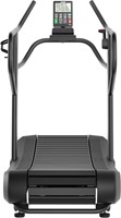 Vooraanzicht van de zwarte VirtuFit Pro Elite HiiT Running Air Runner loopband met een overzichtelijke trainingscomputer en ergonomische handgrepen.