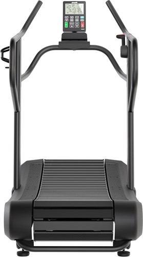 Vooraanzicht van de zwarte VirtuFit Pro Elite HiiT Running Air Runner loopband met een overzichtelijke trainingscomputer en ergonomische handgrepen.