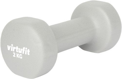 Vooraanzicht van de grijze VirtuFit Vinyl Dumbbell Pro van 2 kg met witte logo opdruk.