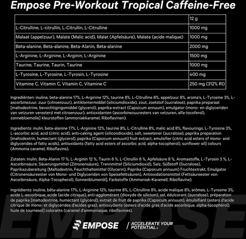 Empose Nutrition Pre-Workout Cafeïnevrij - 360 gr - Tropical-2