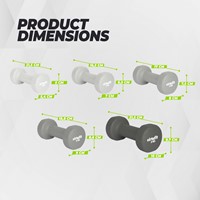 Infographic met de afmetingen van de VirtuFit Vinyl Dumbbell Pro halters in gewichten van 1 kg tot en met 5 kg.