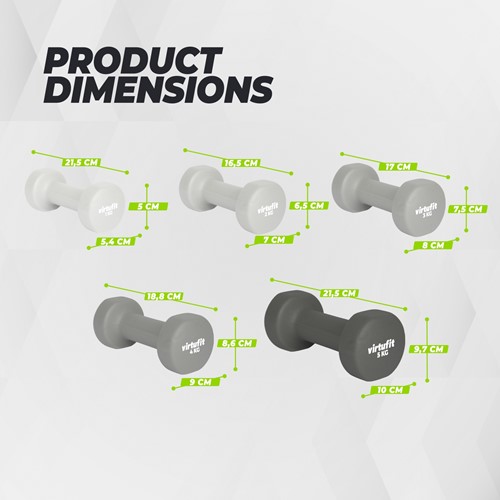 Infographic met de afmetingen van de VirtuFit Vinyl Dumbbell Pro halters in gewichten van 1 kg tot en met 5 kg.