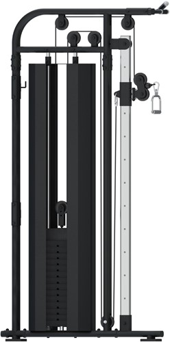 Zijaanzicht van het zwarte VirtuFit CC100 Cable Crossover krachtstation met de gewichtsstapel en het robuuste stalen frame.