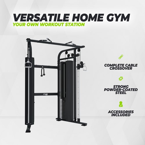 Vooraanzicht van het veelzijdige VirtuFit CC100 Cable Crossover fitnessapparaat van sterk gepoedercoat staal voor een complete training.
