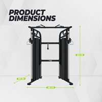 Infographic met alle exacte afmetingen en productafmetingen van het VirtuFit CC100 Cable Crossover fitnessstation voor thuis.