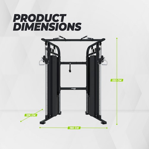 Infographic met alle exacte afmetingen en productafmetingen van het VirtuFit CC100 Cable Crossover fitnessstation voor thuis.