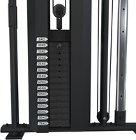 Detailopname van de zware gewichtsstapel tot 75 kg van het VirtuFit CC100 Cable Crossover fitnessstation.