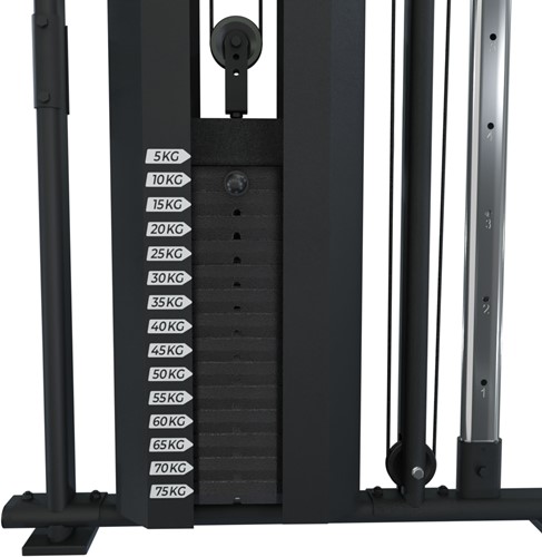 Detailopname van de zware gewichtsstapel tot 75 kg van het VirtuFit CC100 Cable Crossover fitnessstation.