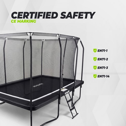 Vooraanzicht van de VirtuFit Premium Rechthoekige Trampoline met gecertificeerd veiligheidsnet en EN71 keurmerken.