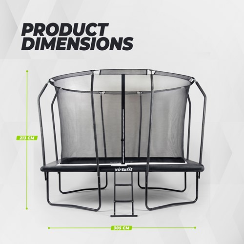 Infographic van de product afmetingen van de VirtuFit Premium Rechthoekige Trampoline met een totale breedte van 305 cm.