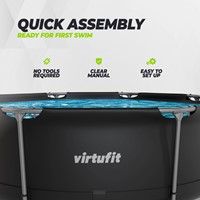 Vooraanzicht van de rand van het ronde VirtuFit Zwembad 244 antraciet. De infographic benadrukt de snelle montage zonder gereedschap dankzij het makkelijke ontwerp en de bijgeleverde duidelijke handle