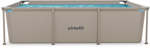 Zijaanzicht van het gevulde VirtuFit zwembad 260x180 cm beige met een stevig frame en merklogo.