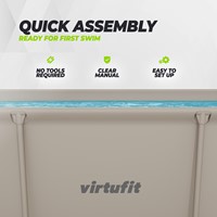 Vooraanzicht van het beige VirtuFit zwembad met een infographic over de snelle montage zonder gereedschap en de overzichtelijke handleiding.