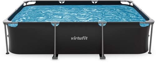 Vooraanzicht van het VirtuFit Rechthoekig Frame Zwembad 300 x 207 cm in antraciet uitvoering met focus op de stevige zijsteunen en het strakke design op een witte achtergrond.