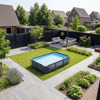 Lifestyle overzichtsfoto van het antracietkleurige VirtuFit Rechthoekig Frame Zwembad 300 x 207 cm in een complete tuin setting met loungeset en plantenborders.