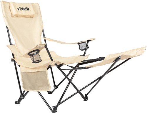 VirtuFit Opvouwbare Camping Stoel met Voetsteun - Strandstoel  - Beige-2
