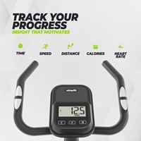 Detailopname van de compacte trainingscomputer en de ingebouwde hartslagsensoren op het stuur van de VirtuFit HTR100 fitness hometrainer