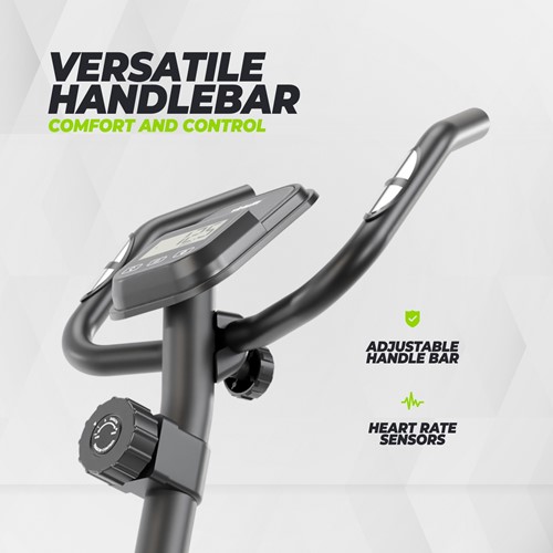 Infographic met de exacte productafmetingen in centimeters van de VirtuFit HTR100 fitnessfiets