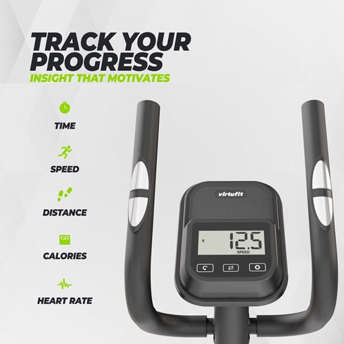 Detailopname van de trainingscomputer en hartslagsensoren op het stuur van de VirtuFit CTR100 crosstrainer
