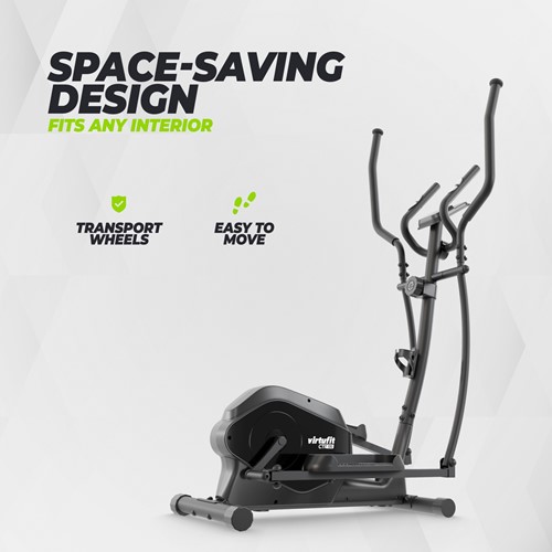 Infographic die het compacte en ruimtebesparende ontwerp met transportwielen van de VirtuFit CTR100 fitness crosstrainer toont