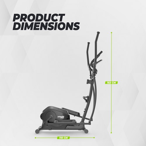 Infographic van de zwart gekleurde VirtuFit CTR100 crosstrainer met de exacte productafmetingen in centimeters