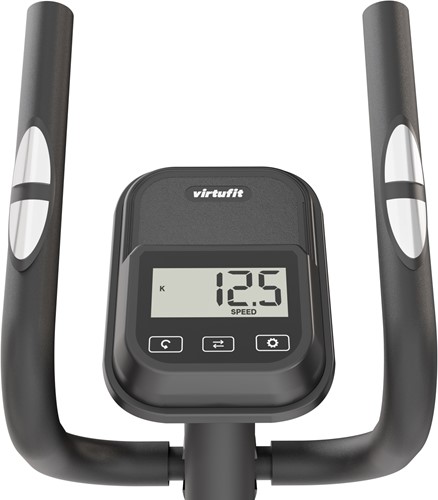 Detailopname van de trainingscomputer en de hartslagmeters op de handgrepen van de VirtuFit CTR100 Crosstrainer.