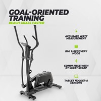 Infographic van de zwarte VirtuFit CTR200i crosstrainer met uitleg over doelgerichte training, watt meting, BMI en hartslagmeting via een bluetooth borstband.