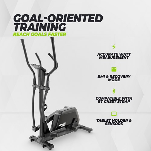 Infographic van de zwarte VirtuFit CTR200i crosstrainer met uitleg over doelgerichte training, watt meting, BMI en hartslagmeting via een bluetooth borstband.