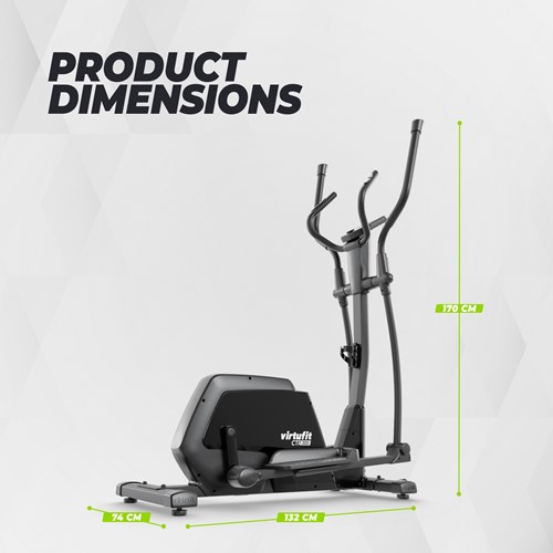 Zijaanzicht van de zwarte VirtuFit CTR200i fitness crosstrainer met de exacte productafmetingen van 132 cm lengte, 74 cm breedte en 170 cm hoogte duidelijk in beeld gebracht.