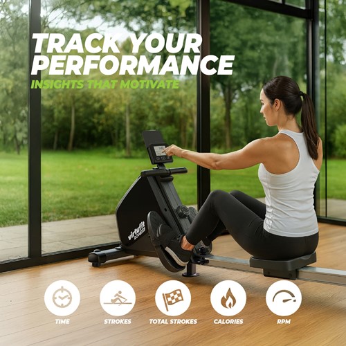Lifestyle van de VirtuFit ROW200i Roeitrainer met infographic over prestaties zoals tijd, calorieverbruik, slagen en RPM.