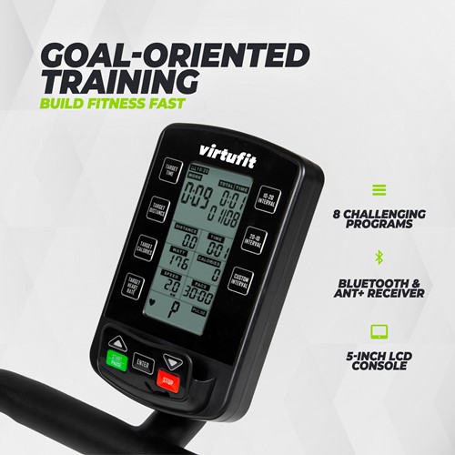 Detailopname van de overzichtelijke vijf inch LCD console op de VirtuFit Pro Elite HiiT Running Loopband met acht uitdagende trainingsprogramma's en een Bluetooth ontvanger.