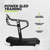 Infographic over de power sled training op de VirtuFit Pro Elite HiiT Running Loopband met comfortabele multigrip handgrepen en vier magnetische weerstandsniveaus.
