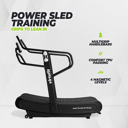 Infographic over de power sled training op de VirtuFit Pro Elite HiiT Running Loopband met comfortabele multigrip handgrepen en vier magnetische weerstandsniveaus.