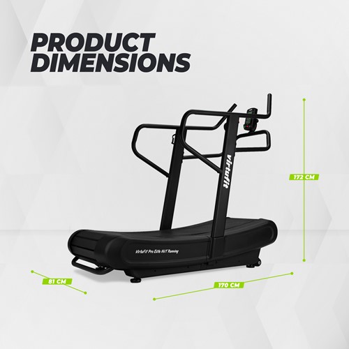 Infographic met de exacte product afmetingen van de VirtuFit Pro Elite HiiT Running Loopband die een lengte van 170 centimeter en een breedte van 81 centimeter heeft.